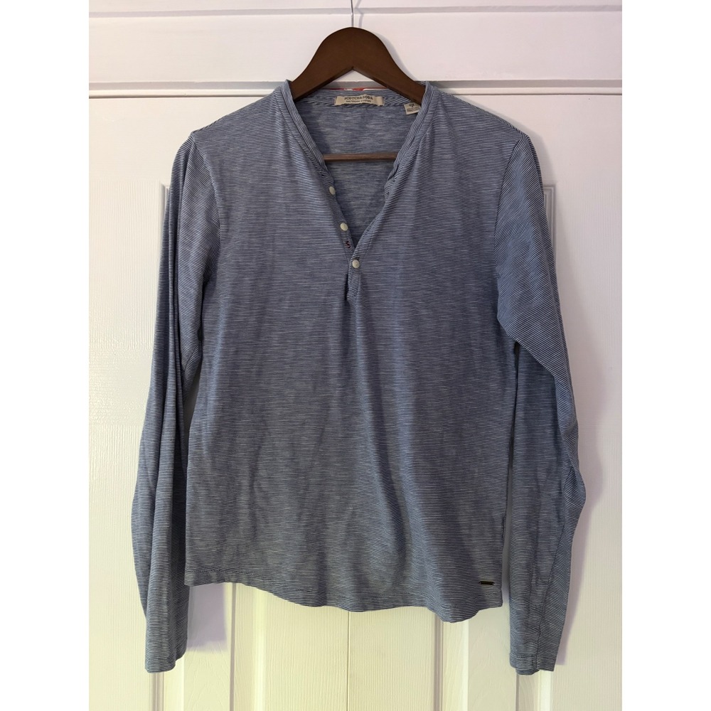 Scotch & Soda‎ Mens Blue White Striped Long Sleeve Henley Shirt Small